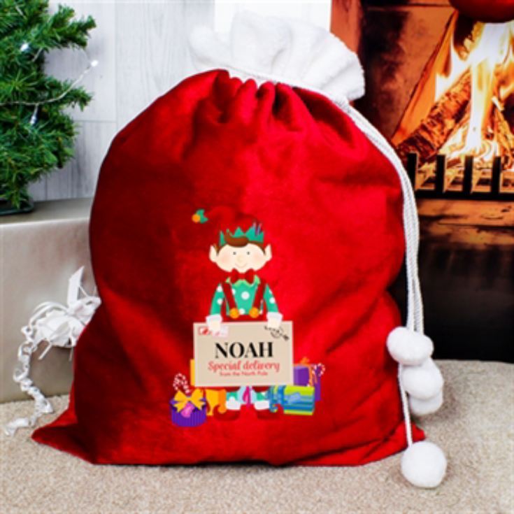 Personalised Christmas Elf Luxury Pom Pom Red Sack product image