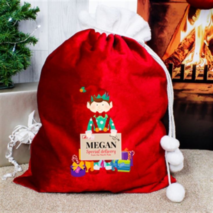 Personalised Christmas Elf Luxury Pom Pom Red Sack product image