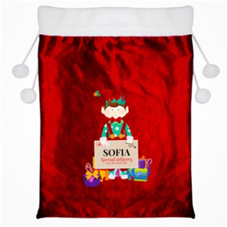 Personalised Christmas Elf Luxury Pom Pom Red Sack product image