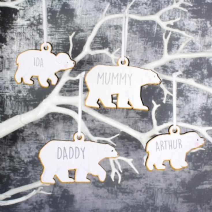 Personalised Set of 4 Polar Bear Family Wooden Hanging Christmas Decorations product image