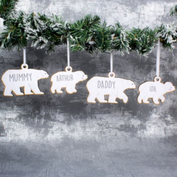 Personalised Set of 4 Polar Bear Family Wooden Hanging Christmas Decorations product image