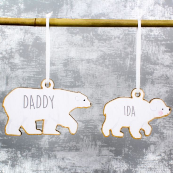 Personalised Set of 4 Polar Bear Family Wooden Hanging Christmas Decorations product image
