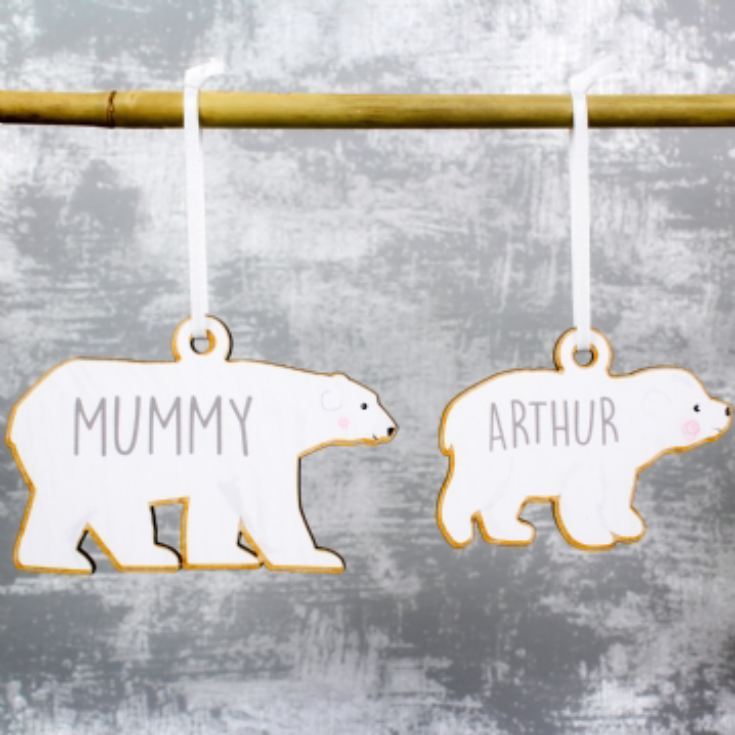 Personalised Set of 4 Polar Bear Family Wooden Hanging Christmas Decorations product image