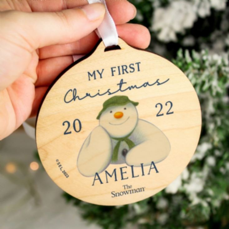 Personalised The Snowman My First Christmas Round Wooden Decoration product image