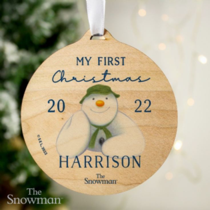 Personalised The Snowman My First Christmas Round Wooden Decoration product image