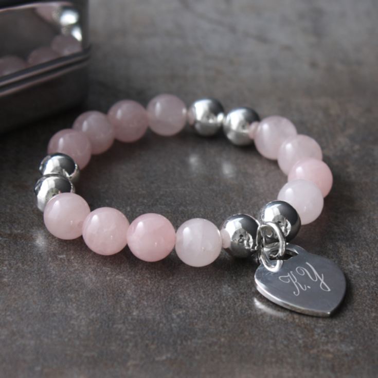 Rose Quartz Bracelet with Personalised Heart and Presentation Box product image