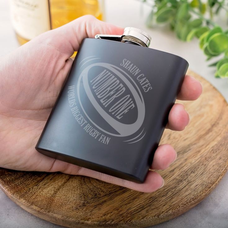Personalised Worlds Biggest Rugby Fan Black Hip Flask product image