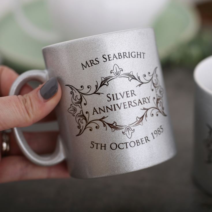 Personalised Pair Of Silver Anniversary Sparkly Mugs product image