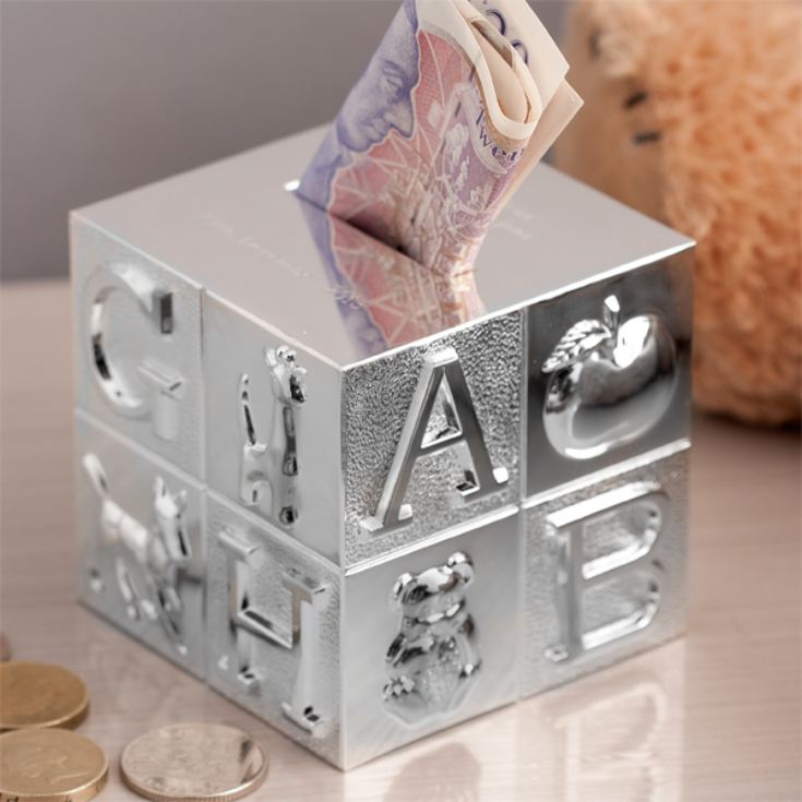 Personalised Silver Plated Cube ABC Money Box product image