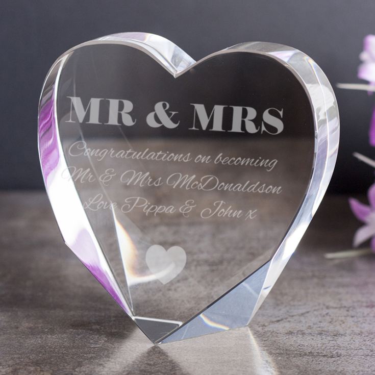 Personalised Mr & Mrs Stand Up Optical Crystal Heart product image