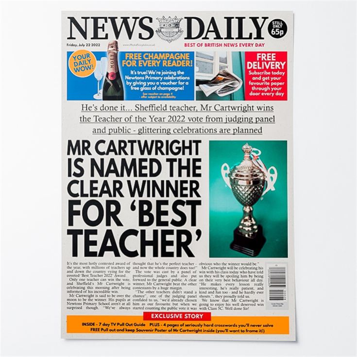 Personalised "Best Teacher" Newspaper Front Page product image