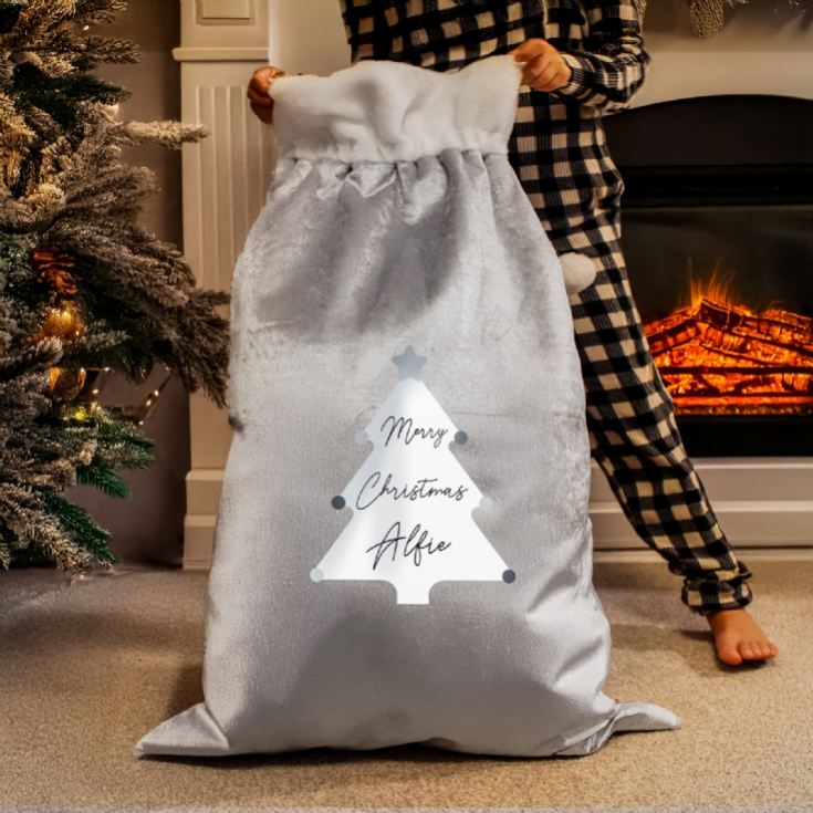 Personalised Christmas Tree Luxury Silver Grey Pom Pom Sack product image