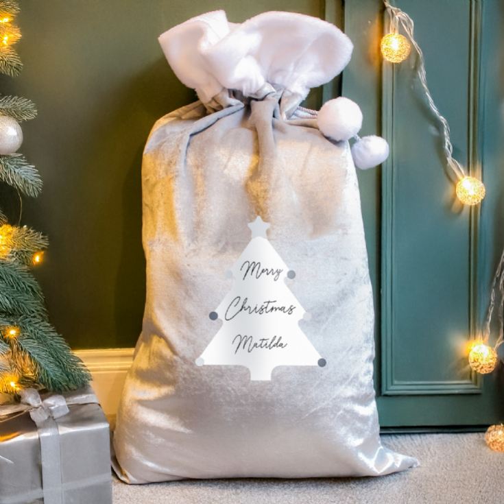 Personalised Christmas Tree Luxury Silver Grey Pom Pom Sack product image