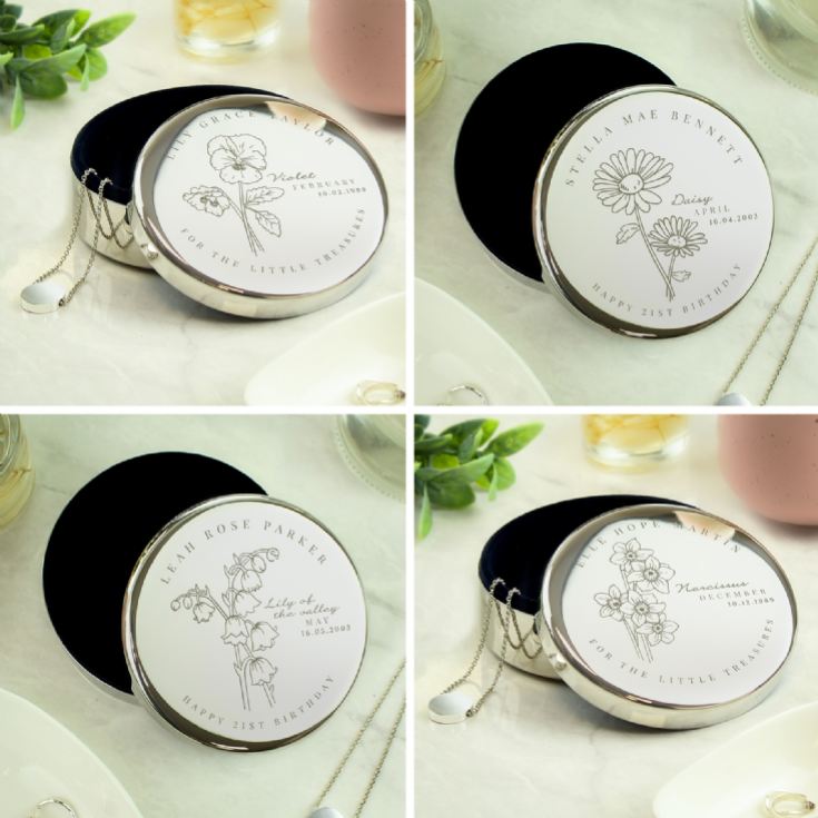 Personalised Birth Flower Round Trinket Boxes product image