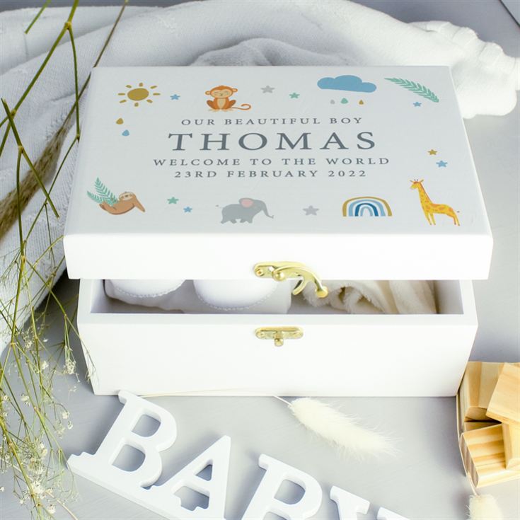 Personalised Safari Animals White Wooden Keepsake Box product image