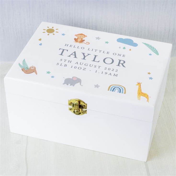 Personalised Safari Animals White Wooden Keepsake Box product image