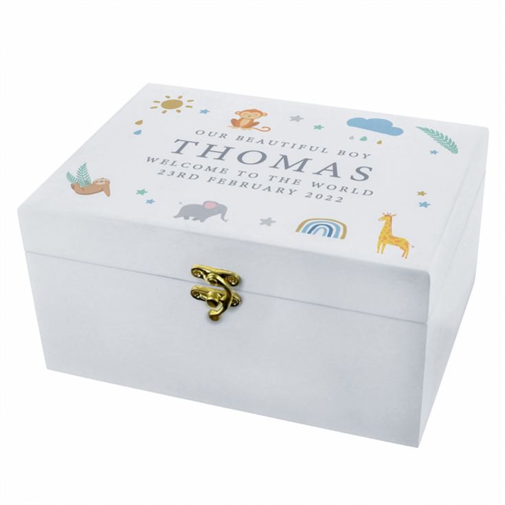 Personalised Safari Animals White Wooden Keepsake Box product image