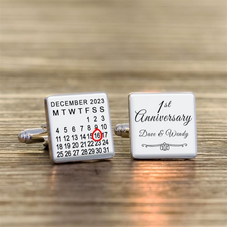 Personalised 1st Wedding Anniversary Silver Finish Calendar Date Square Cufflinks product image
