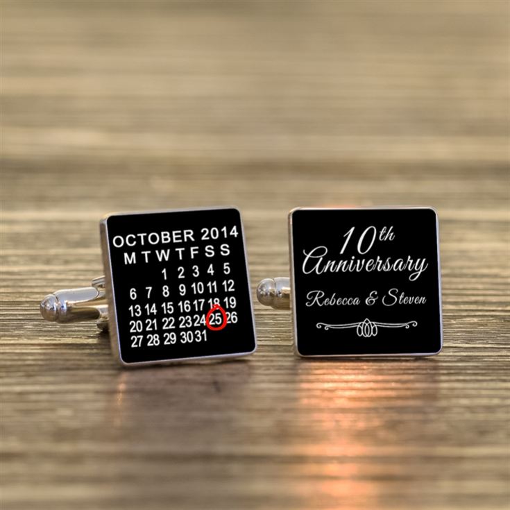 Personalised 10th Wedding Anniversary Silver Finish Calendar Date Square Cufflinks product image
