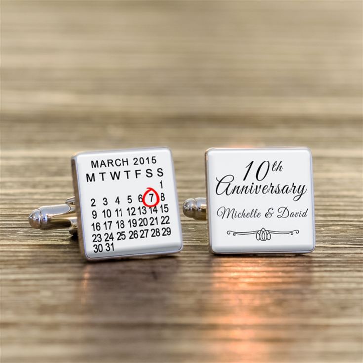 Personalised 10th Wedding Anniversary Silver Finish Calendar Date Square Cufflinks product image