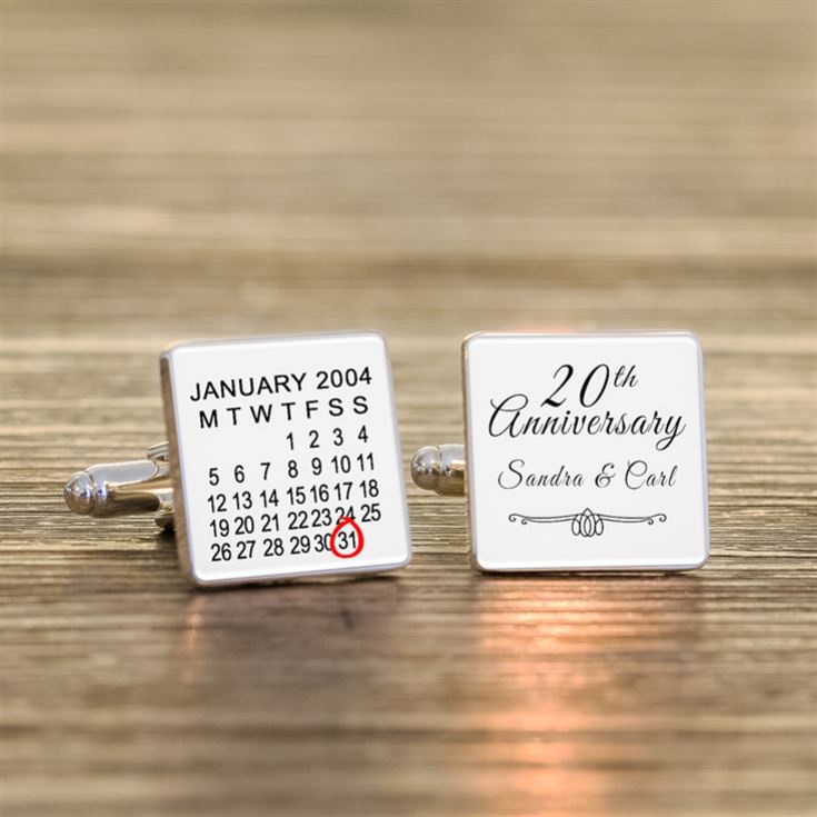 Personalised 20th Wedding Anniversary Silver Finish Calendar Date Square Cufflinks product image