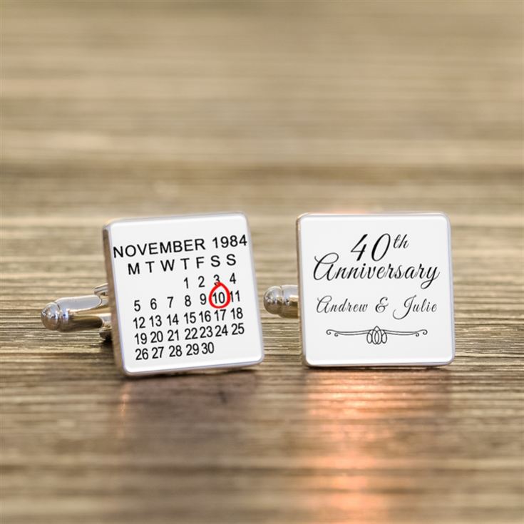 Personalised 40th Wedding Anniversary Silver Finish Calendar Date Square Cufflinks product image