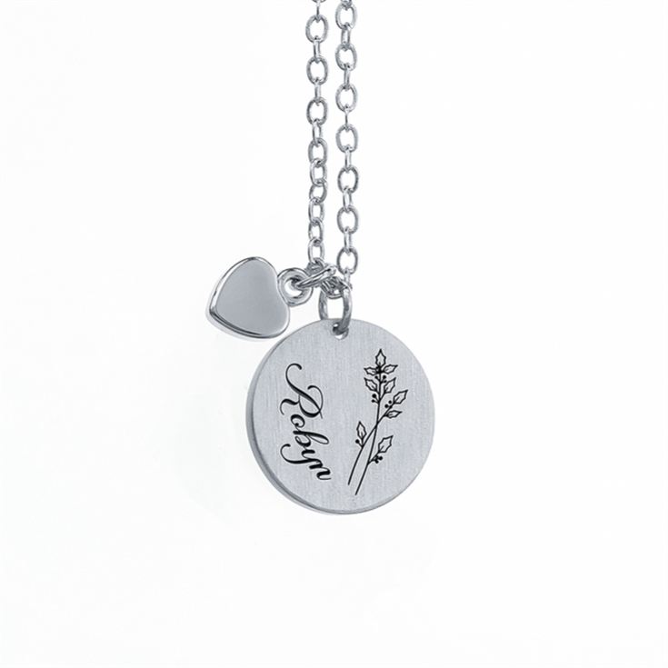 Personalised Birth Flower Brushed Heart and Disc Necklaces product image