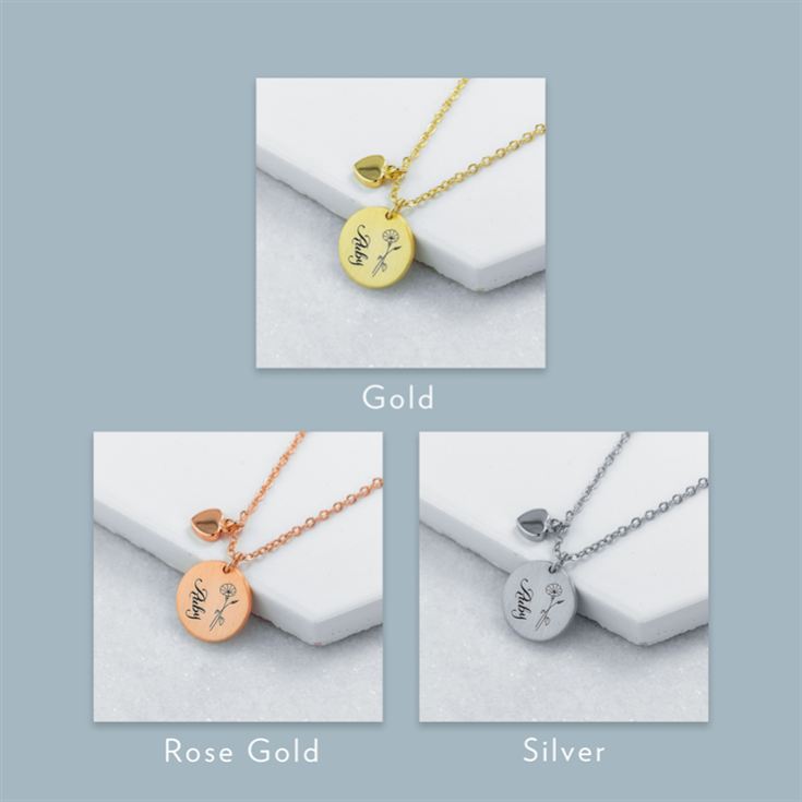 Personalised Birth Flower Brushed Heart and Disc Necklaces product image