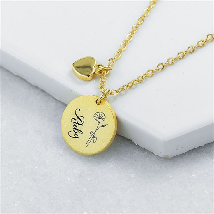 Personalised Birth Flower Brushed Heart and Disc Necklaces product image