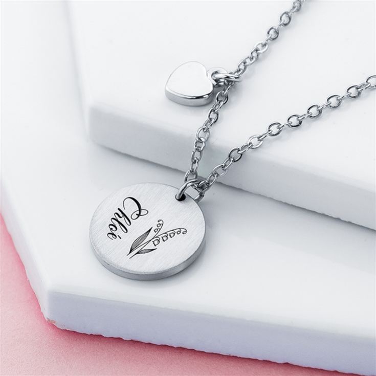 Personalised Birth Flower Brushed Heart and Disc Necklaces product image