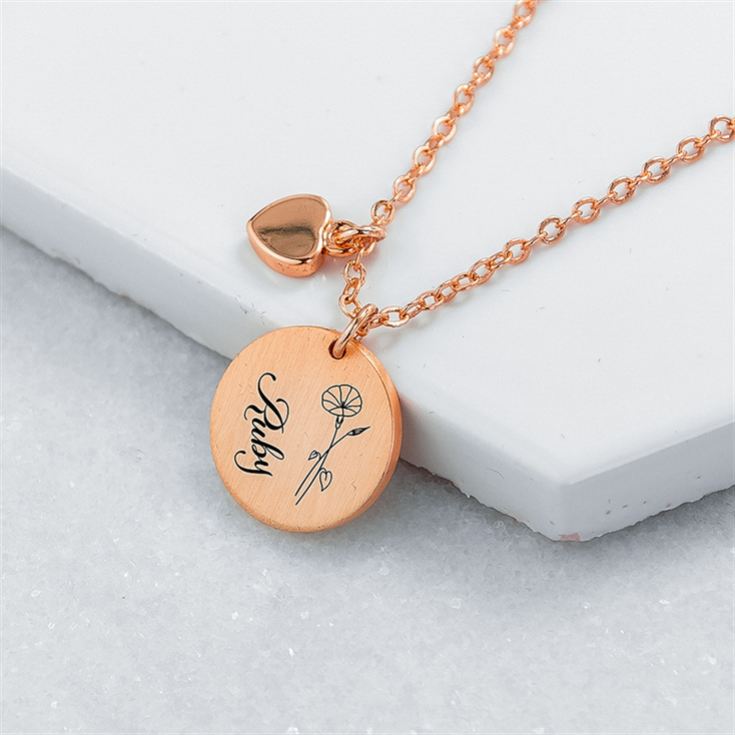 Personalised Birth Flower Brushed Heart and Disc Necklaces product image