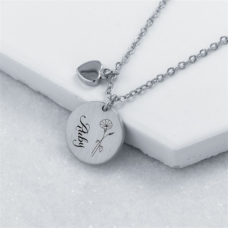 Personalised Birth Flower Brushed Heart and Disc Necklaces product image