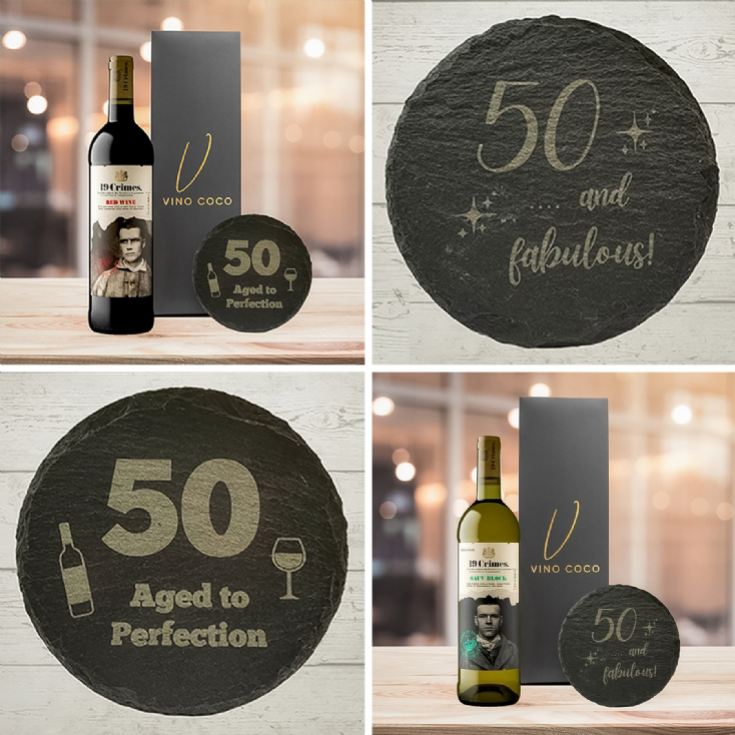 19 Crimes Red Wine & Sauvignon Blanc Gift Sets with 50th Birthday Slate Coaster product image