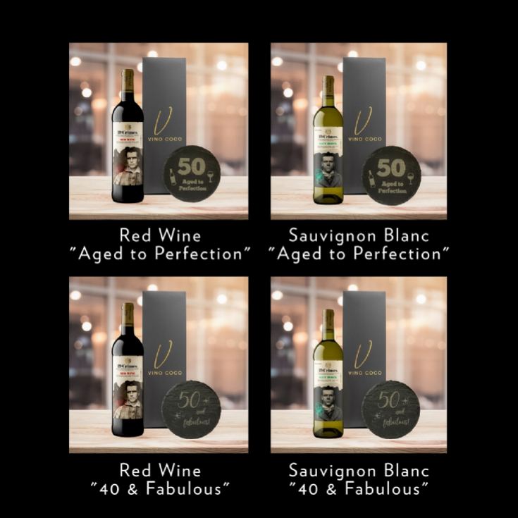 19 Crimes Red Wine & Sauvignon Blanc Gift Sets with 50th Birthday Slate Coaster product image