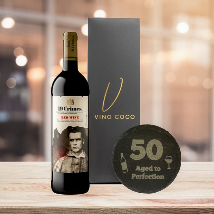 19 Crimes Red Wine & Sauvignon Blanc Gift Sets with 50th Birthday Slate Coaster product image