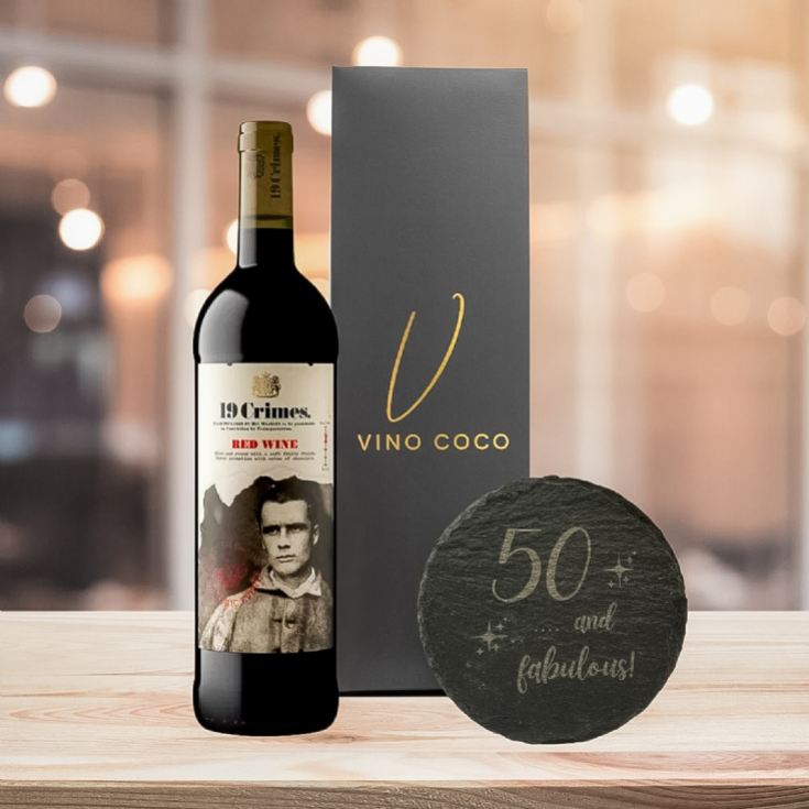 19 Crimes Red Wine & Sauvignon Blanc Gift Sets with 50th Birthday Slate Coaster product image
