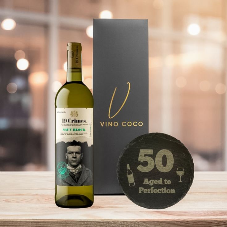 19 Crimes Red Wine & Sauvignon Blanc Gift Sets with 50th Birthday Slate Coaster product image