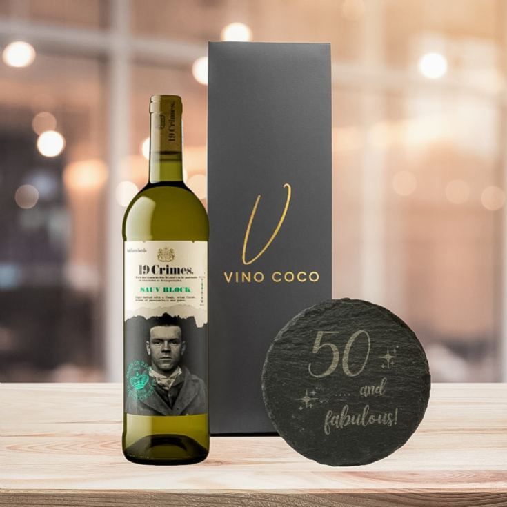 19 Crimes Red Wine & Sauvignon Blanc Gift Sets with 50th Birthday Slate Coaster product image