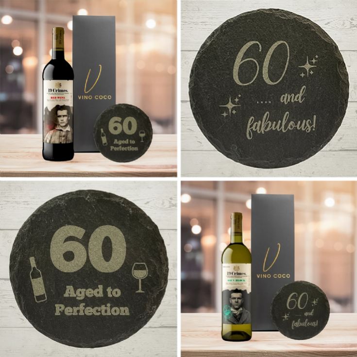 19 Crimes Red Wine & Sauvignon Blanc Gift Sets with 60th Birthday Slate Coaster product image