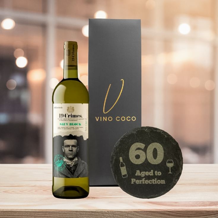 19 Crimes Red Wine & Sauvignon Blanc Gift Sets with 60th Birthday Slate Coaster product image