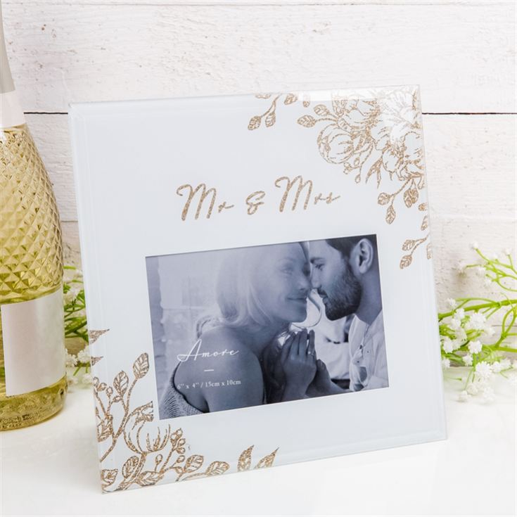 Mr & Mrs Grey Glass Gold Floral Frame - 4" x 6" product image