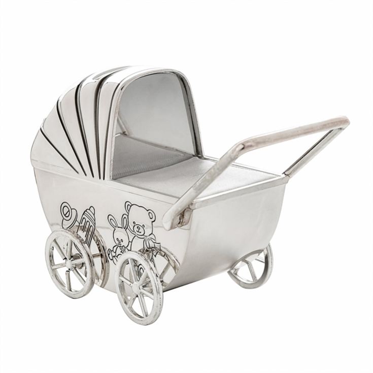 Silver Plated Pram Money Box Pram with Moving Wheels product image