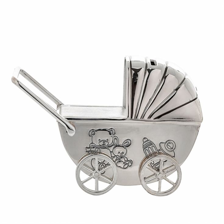 Silver Plated Pram Money Box Pram with Moving Wheels product image