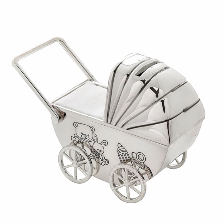 Silver Plated Pram Money Box Pram with Moving Wheels product image