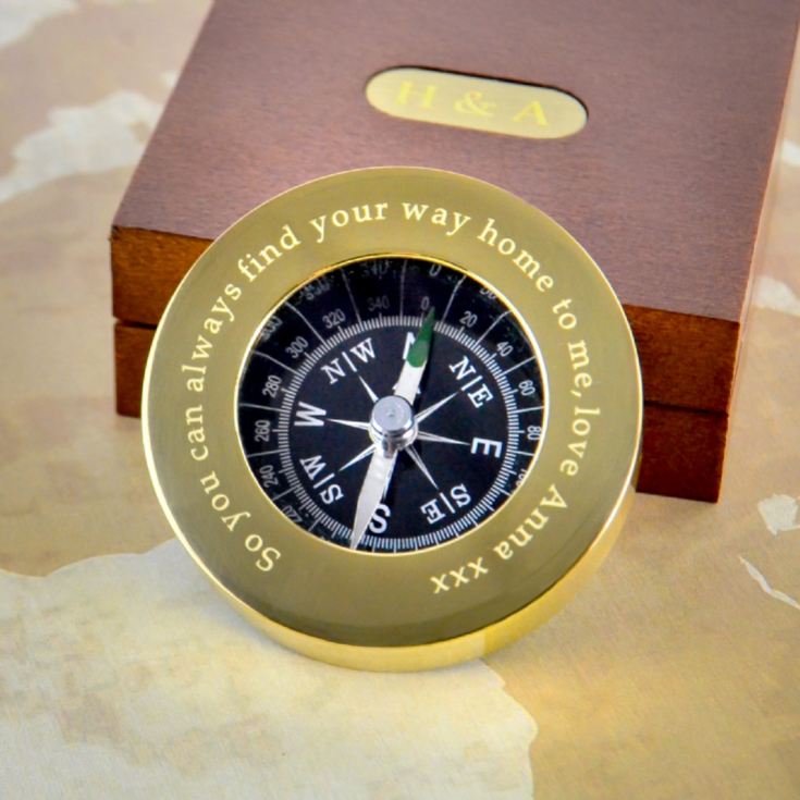 Personalised Brass Travellers Compass with Wooden Box product image