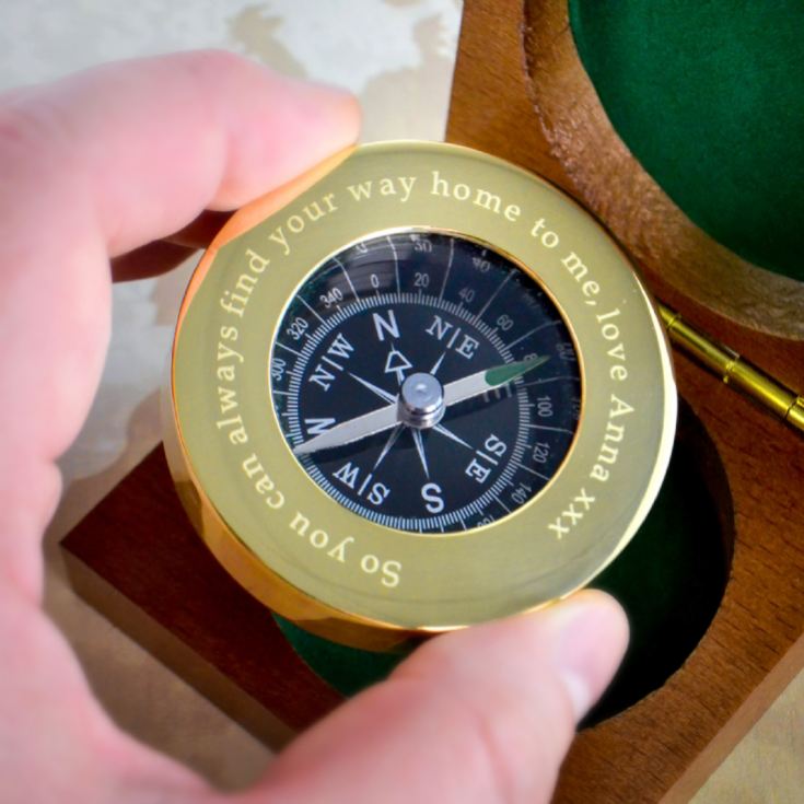 Personalised Brass Travellers Compass with Wooden Box product image