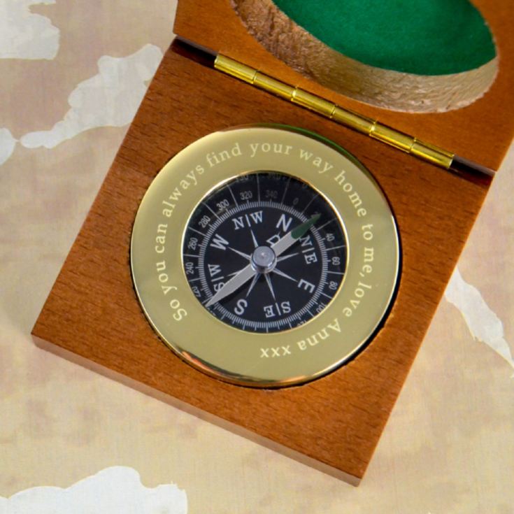 Personalised Brass Travellers Compass with Wooden Box product image