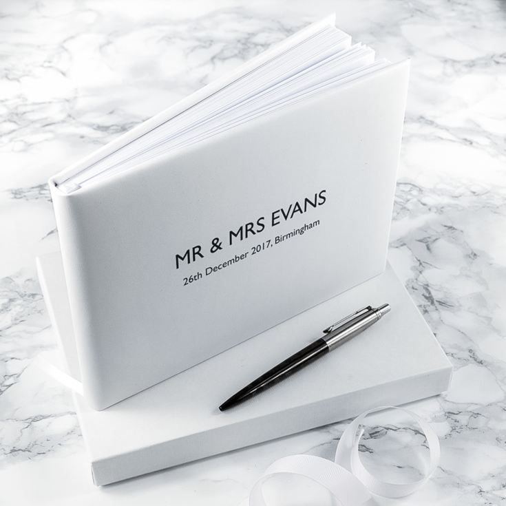 Engraved White Leather Wedding Guest Book product image