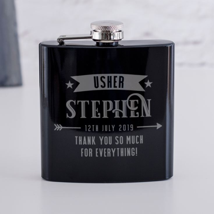 Personalised Usher Shiny Black Hip Flask product image