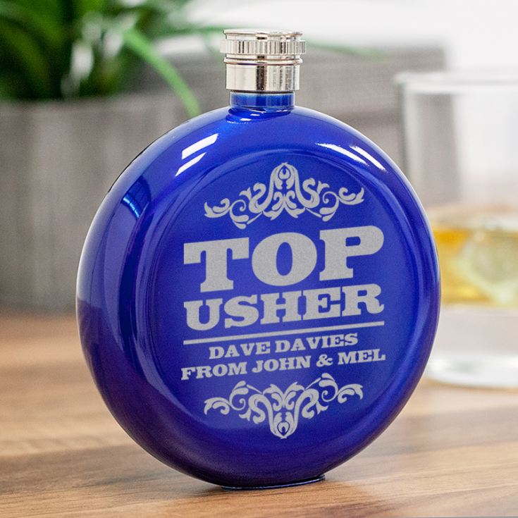 Personalised Usher Round Blue Stainless Steel Hipflask product image